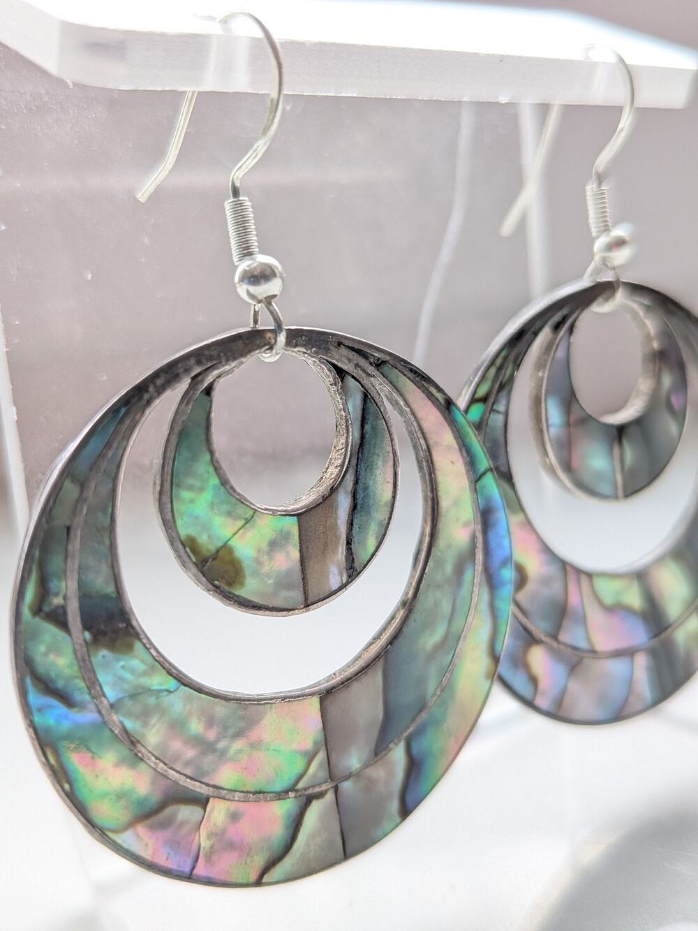 Vintage Mexico Abalone Inlay Sterling Silver 925 Dangle Earrings Boho